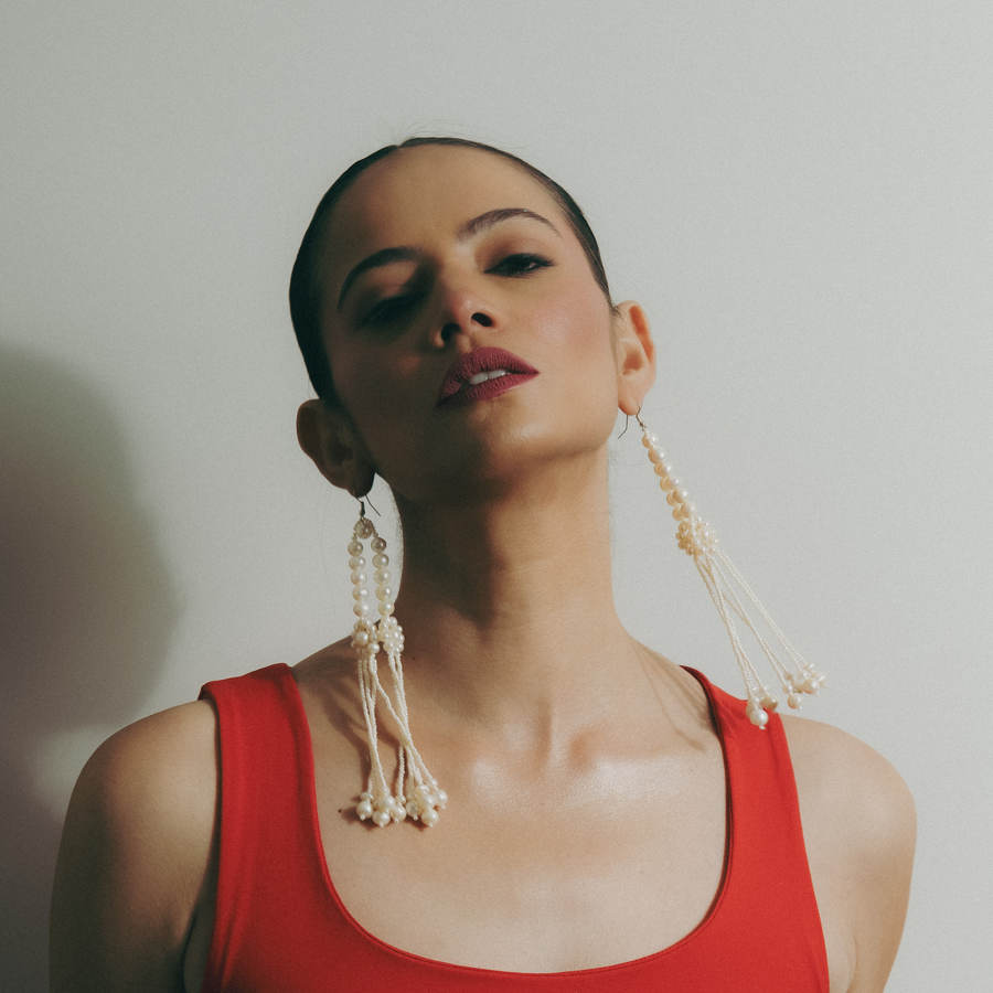Seraphim earrings with flowing real pearl strands and micro beads
