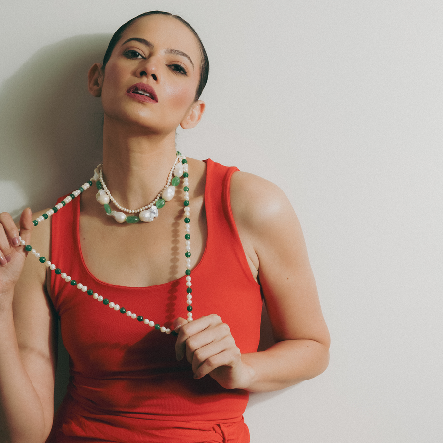 Forestline long handcrafted necklace in real pearls and green onyx beads