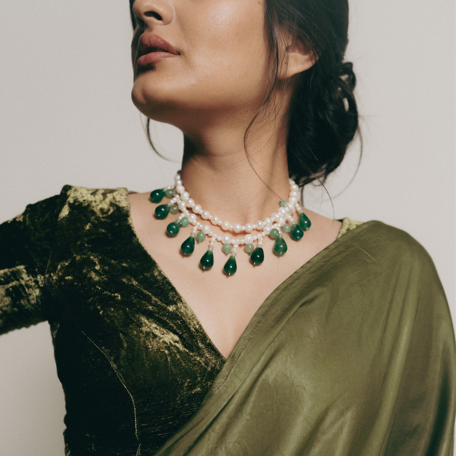 Emeraldine handcrafted patwa necklace in real pearls, aventurine and green onyx
