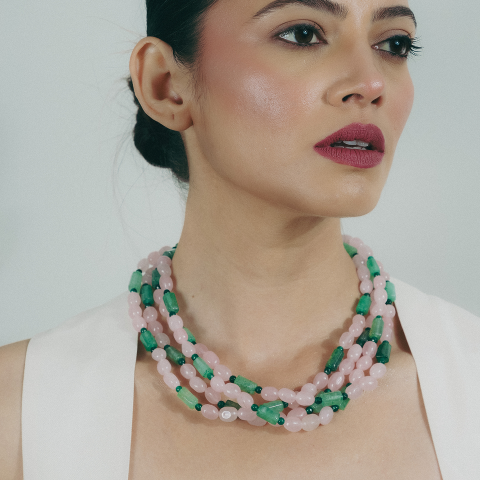 Verdura multi-layered necklace in pink rose quartz and raw green stone