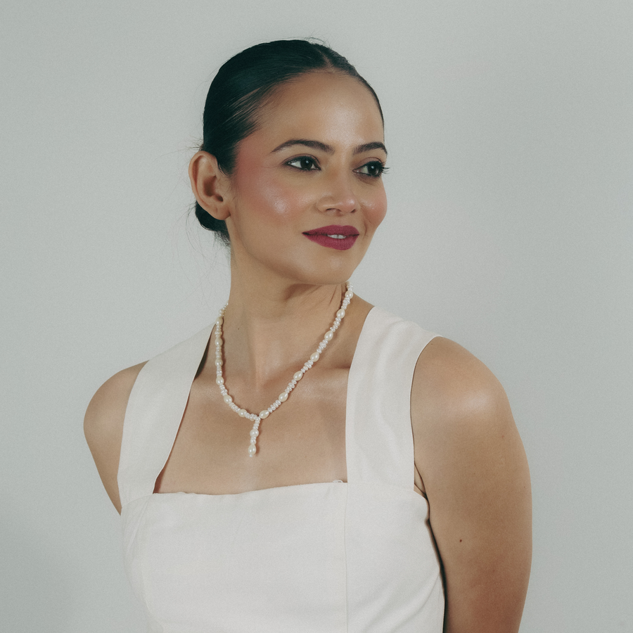 Elara Y-shaped lustre drop necklace in real and shell pearls