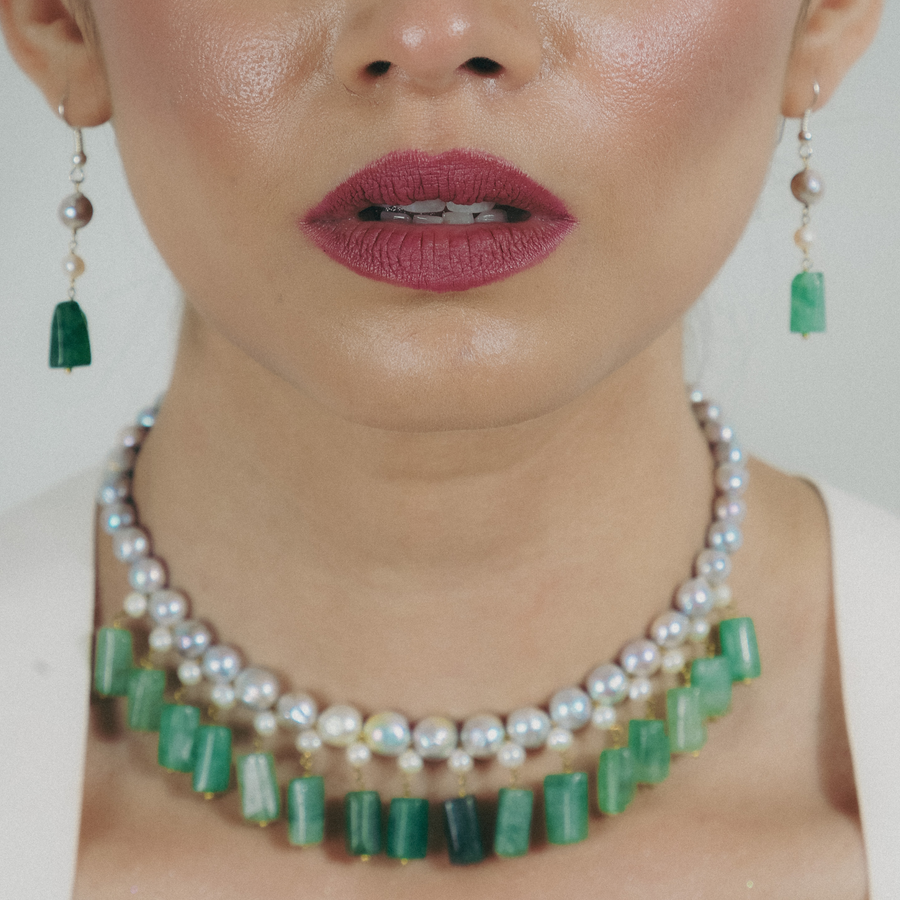 Greenstone drop earrings in natural pearls and raw green stone