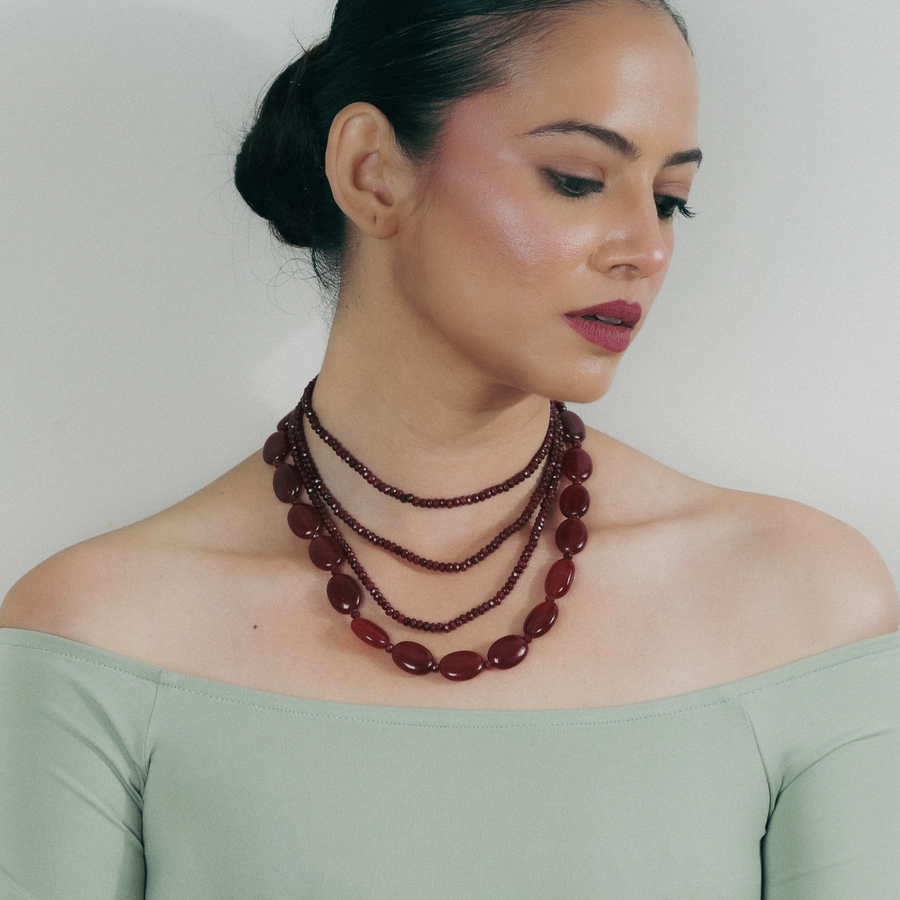 CrimsonOrbit multi-layered necklace in polished maroon onyx beads
