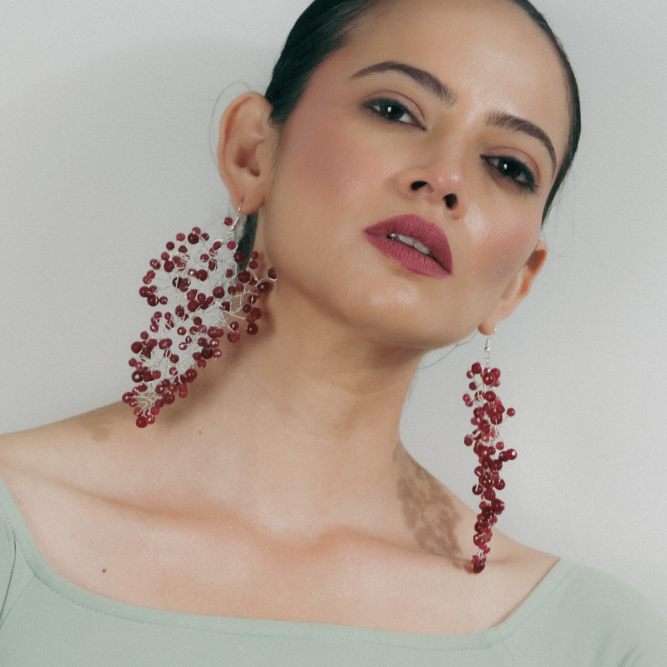 RubyCascade silver wire-wrapped earrings with deep red onyx beads